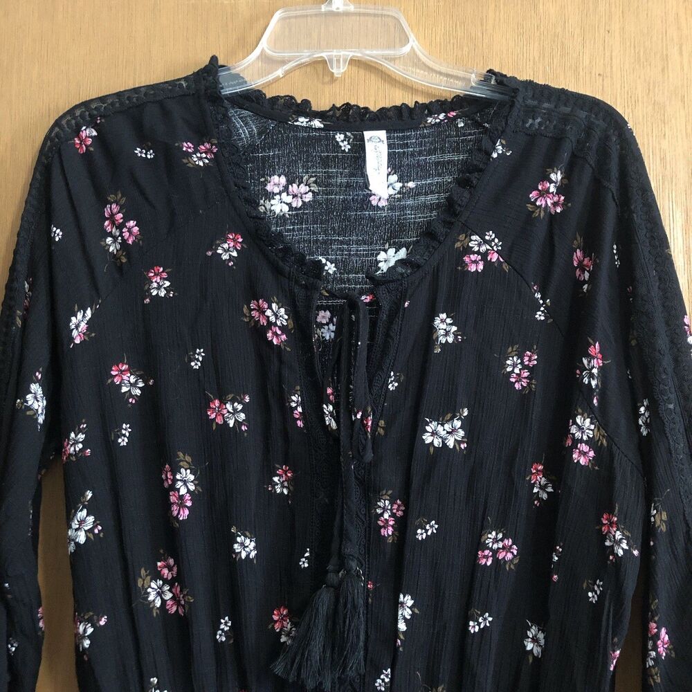 AMERICAN RAG Black Floral Smocked Peasant Dress Long Sleeve Size Medium - Picture 9 of 14